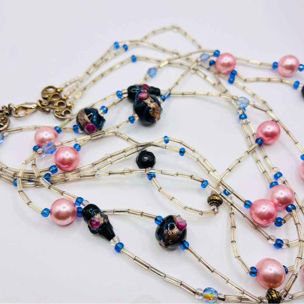 Vintage 3-strand Wedding Cake Beaded Necklace with Bugle Beads & Pink Pearls - Picture 13 of 15